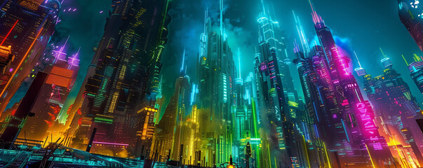 Cyberpunk cityscape with Aztec Empire motifs illuminated by aurora like neon lights showcasing a blend of old and new