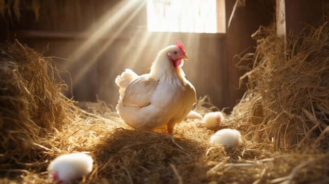Fototapeta Healthy hen chicken near freshly laid eggs in hay in a rustic barn under warm sunlight with copy space 