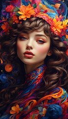 portrait of a woman with colorful makeup-    "Blooming Beauty: Abstract Portrait of a Woman Covered in Flowers, Celebrating Women's Day and Artistic Aesthetics"