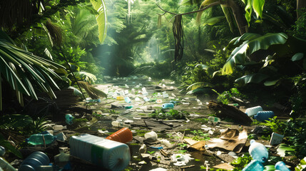 Trash scattered in a lush forest setting