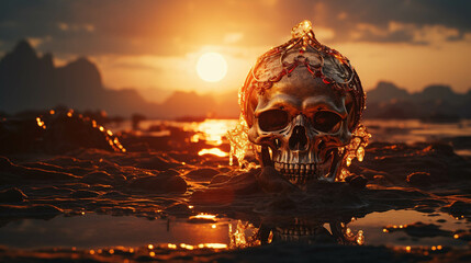 Ancient spells awaken in the presence of a mystical skull in the sands foretelling a tale of power betrayal and redemption - obrazy, fototapety, plakaty