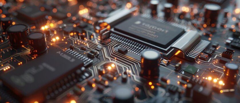 Close up of electric circuit board components glowing tech innovation theme