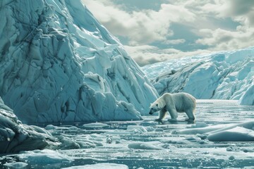 Polar Bear Walking Across Melting Glacier. Generative AI