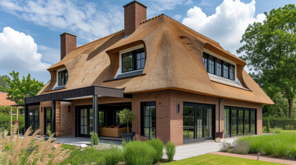 Fototapeta na wymiar Combining oldworld charm with modern conveniences this Polder home features traditional thatched roofs and terracotta walls giving it a timeless and rustic feel. Its ecofriendly