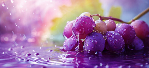 Fresh blue grape splashing in water with droplets flying around, vibrant colors. stock photo of...