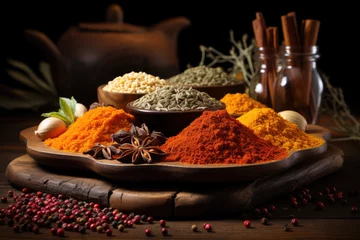 Gordijnen Wooden table of colorful spices of Zanzibar  © STORYTELLER