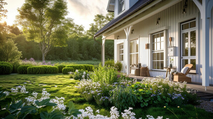 Fototapeta na wymiar A picturesque home with a Scandinavian influence showcasing a white and grey exterior wooden accents and a lush green garden filled with tall shrubs and native wildflowers