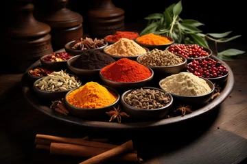 Foto auf Alu-Dibond Wooden table of colorful spices of Zanzibar  © STORYTELLER