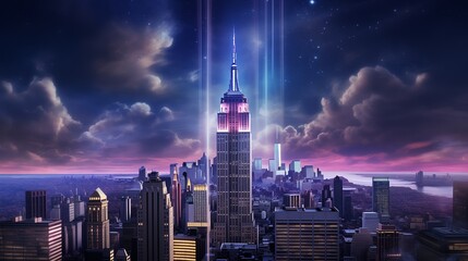 An ethereal interpretation of the Empire State Building, with shimmering curtains of light cascading down its facade - obrazy, fototapety, plakaty