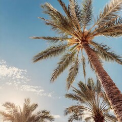 Fototapeta na wymiar palm tree in the wind, A nostalgic view of palm trees against a blue sky, tropical paradise vintage vibes, relaxation wanderlust, retro charm, Olivia Summers,