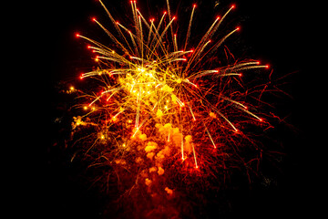 Holiday fireworks explode in the night sky. Selective focus. 