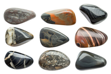Collection of water river stone or spa stone with various types and shapes isolated on background, rock round shape.