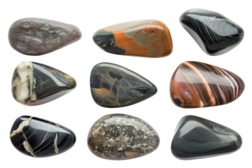 Collection of water river stone or spa stone with various types and shapes isolated on background, rock round shape.