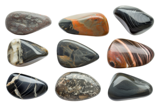 Collection of water river stone or spa stone with various types and shapes isolated on background, rock round shape.