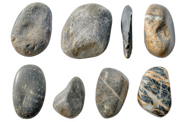 Collection of water river stone or spa stone with various types and shapes isolated on background, rock round shape. - obrazy, fototapety, plakaty