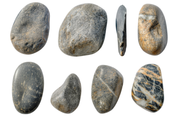 Collection of water river stone or spa stone with various types and shapes isolated on background, rock round shape.