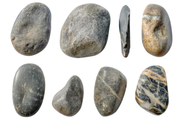 Wandaufkleber Collection of water river stone or spa stone with various types and shapes isolated on background, rock round shape. © TANATPON
