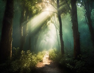 光が差し込む怪しい雰囲気の森の歩道 - obrazy, fototapety, plakaty
