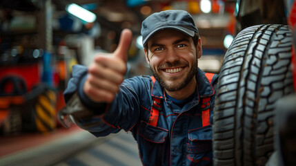 A smiling mechanic in overalls and a cap gives a thumbs up sign, indicating good service and customer satisfaction at an auto repair shop.