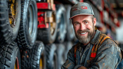 A smiling mechanic in overalls and a cap gives a thumbs up sign, indicating good service and customer satisfaction at an auto repair shop.