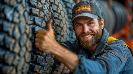 A smiling mechanic in overalls and a cap gives a thumbs up sign, indicating good service and customer satisfaction at an auto repair shop.