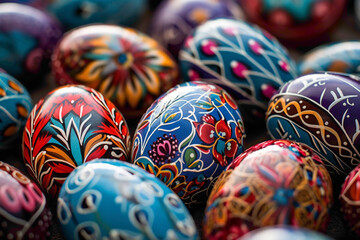 A close-up view of hand-painted Easter eggs, each one a masterpiece of color and creativity, ready...