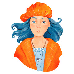 Cartoon of bluehaired woman in orange hat with expressive gesture
