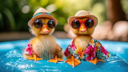 Ducks dressed in a Hawaiian shirt, beach shorts, hat, sunglasses Paddling in inflatable kiddie pool, smiles, summer tones, bright rich colors, cinematic - obrazy, fototapety, plakaty
