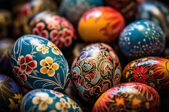 A close-up view of intricately painted Easter eggs, each one a unique expression of artistry and imagination, capturing the essence of the holiday.