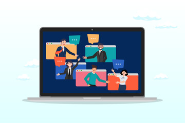 Business people chatting dialogue in computer, online discussion board, group chat or video focused group meeting, online conference talking, team chat or technology for team conversation (Vector)