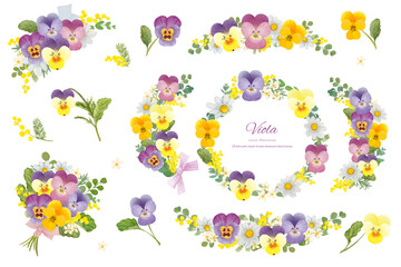 水彩で描いた可愛いビオラと春の花のフレームセット