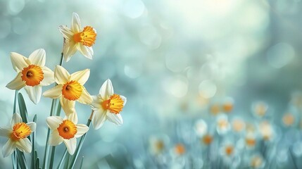 Abstract daffodils and narcissus in beautiful natural landscape in summer, easter and spring - obrazy, fototapety, plakaty