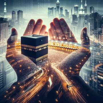 Hands of Muslim man praying over city background. Ramadan Kareem concept