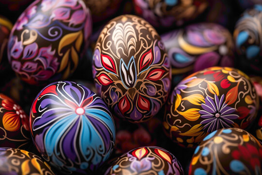 A close-up shot of intricately painted Easter eggs, each one a miniature work of art, bursting with color and creativity.