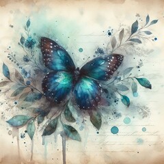 Abstract watercolor background with butterfly and flowers. Hand-drawn illustration.