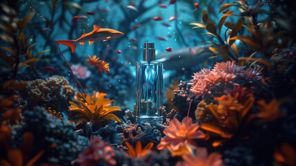 Empty serum or perfume packaging In the underwater world with a big shark swimming nearby to present the product on the underwater background. - obrazy, fototapety, plakaty