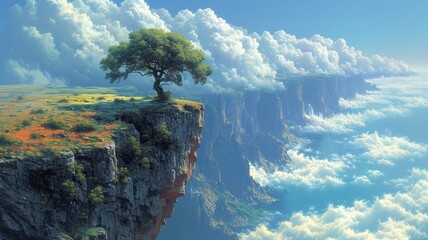 Fantasy landscape with a lonely tree on the edge of a cliff
