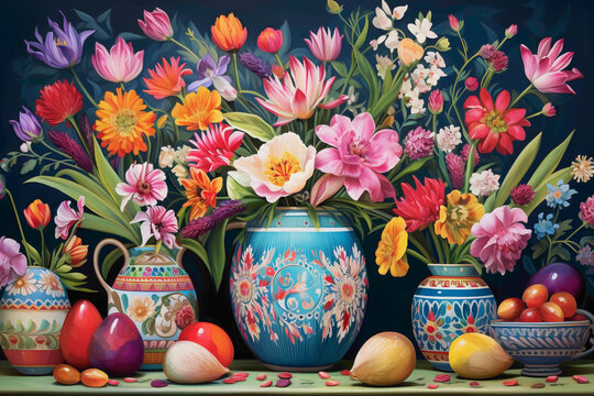 A whimsical scene featuring Easter eggs painted in bright hues and adorned with playful designs, set against a backdrop of blooming flowers.