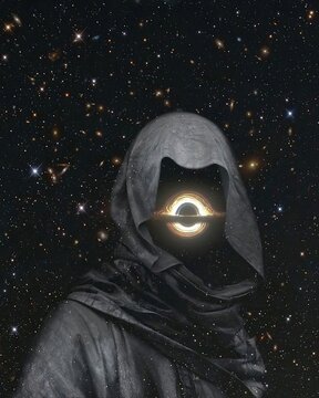 Hooded man in a black cloak with a glowing eye in the night sky
