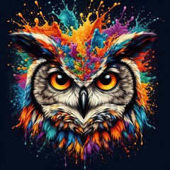 Owl with colorful splashes on dark background. Vector illustration.