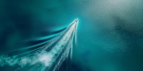 an aerial view of a boat with white smoke trails,  boat sailing across the blue sea landscape background - obrazy, fototapety, plakaty