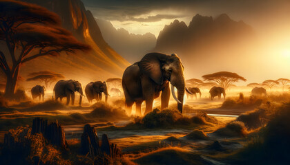 the elephants in their natural habitat with National Geographic style precision during the golden hour. The composition highlights the majestic presence of the elephants - obrazy, fototapety, plakaty