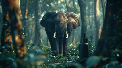 Empty serum or perfume packaging in the dense forest that has A large forest elephant is nearby for a product presentation on a dense forest background. - obrazy, fototapety, plakaty