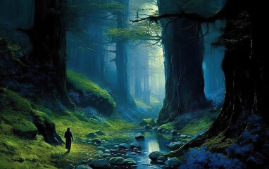 Mysterious forest. Fantasy landscape with river and old trees.