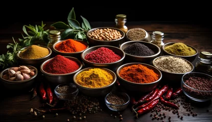 Fotobehang Wooden table of colorful spices of Zanzibar  © STORYTELLER
