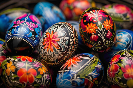 A close-up view of hand-painted Easter eggs, each one a masterpiece of color and creativity, ready to delight children and adults alike.