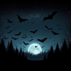 Fototapeta premium Halloween background with bats flying in the night sky and full moon
