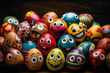 Playful Easter eggs decorated with cheerful faces and quirky expressions, inviting smiles and laughter from all who behold them.