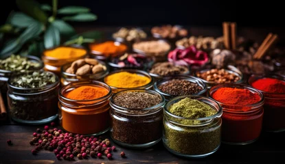Deurstickers Wooden table of colorful spices of Zanzibar  © STORYTELLER
