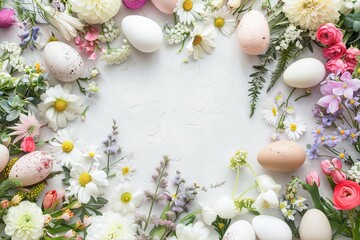 Fototapeta na wymiar Elegant Easter Celebration With Decorated Eggs and Spring Flowers on a Pastel Background